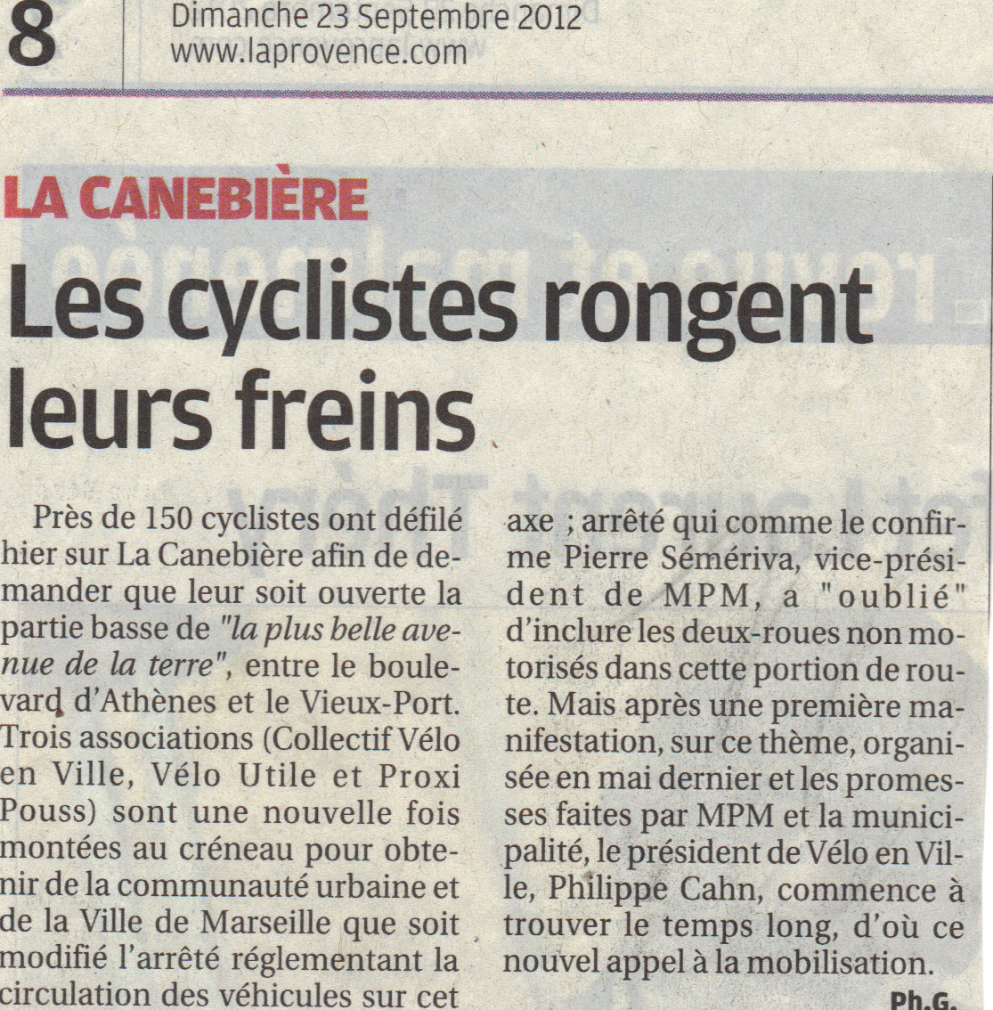 2012.09.23.La Provence.Les cyclistes rongent leurs freins
