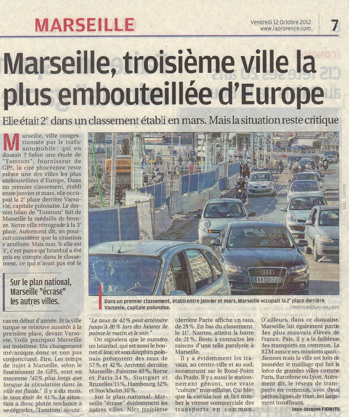 Article La Provence Marseille troisième ville embouteillée dEurope