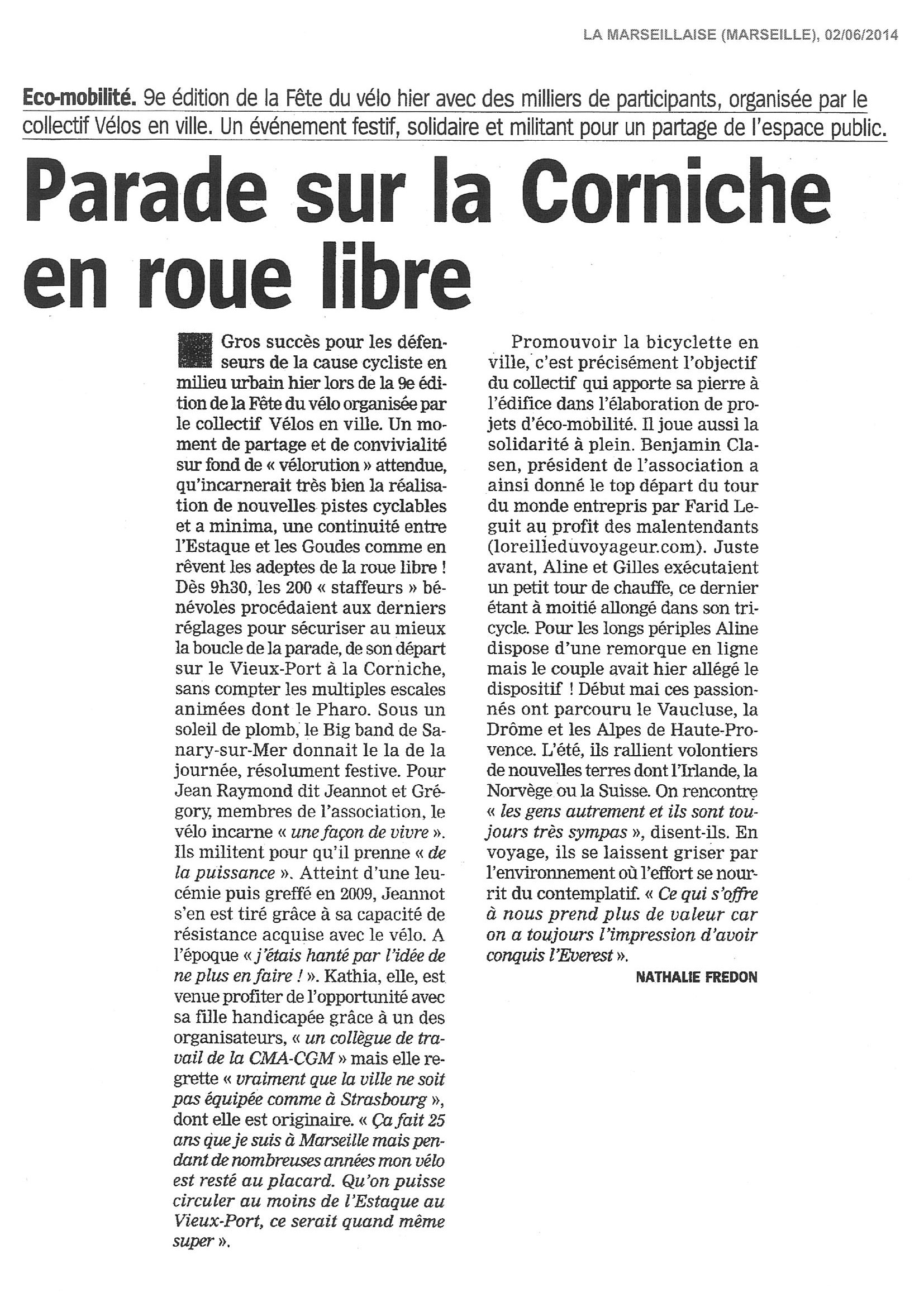 Collectif Vélos en Ville Marseille Fête du Vélo 2014 La Marseillaise