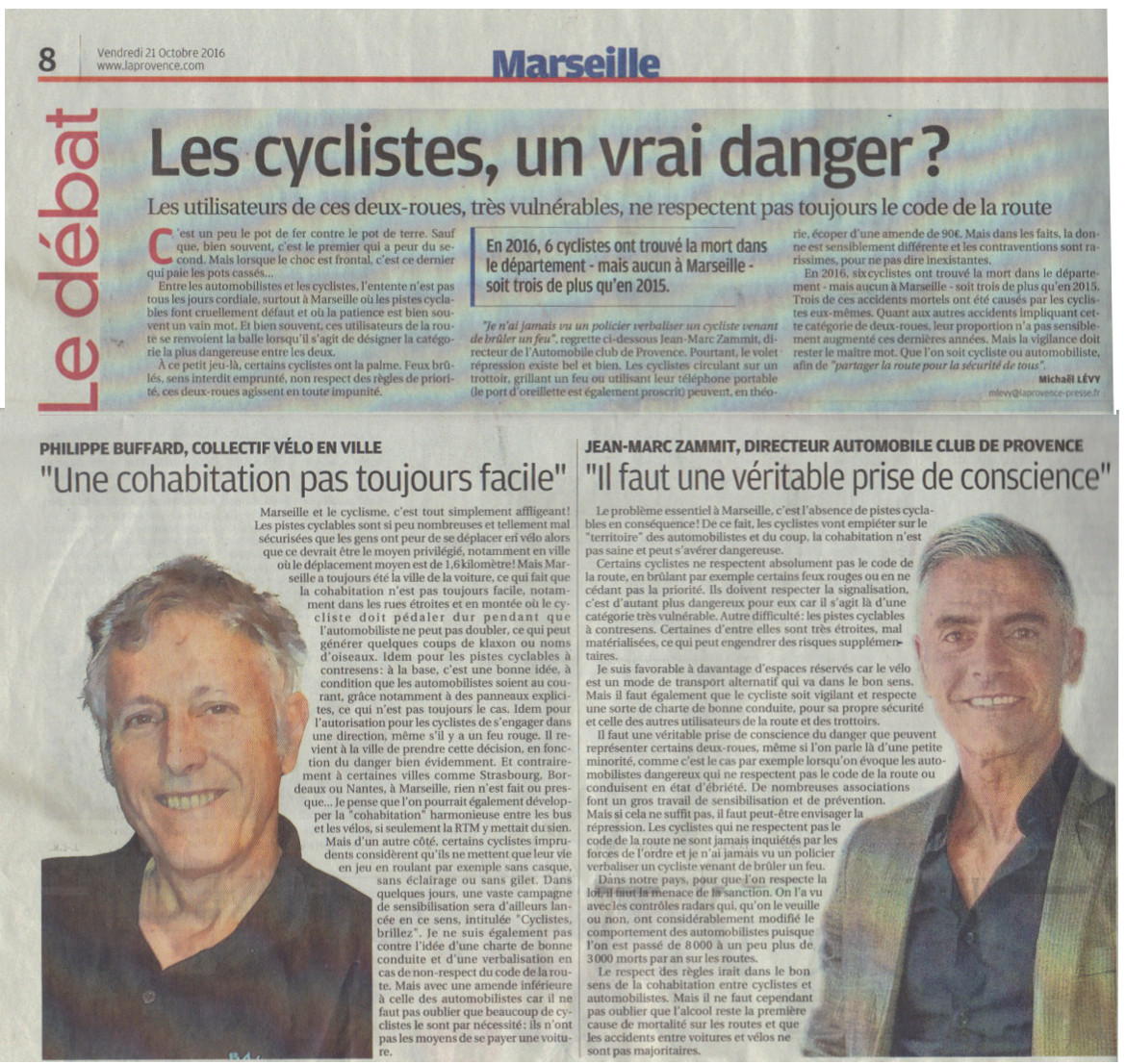 La-Provence-21102016-les-cyclistes-un-vrai-danger, La Provence, Collectif Vélos en Ville, Aménagements Cyclables, Marseille