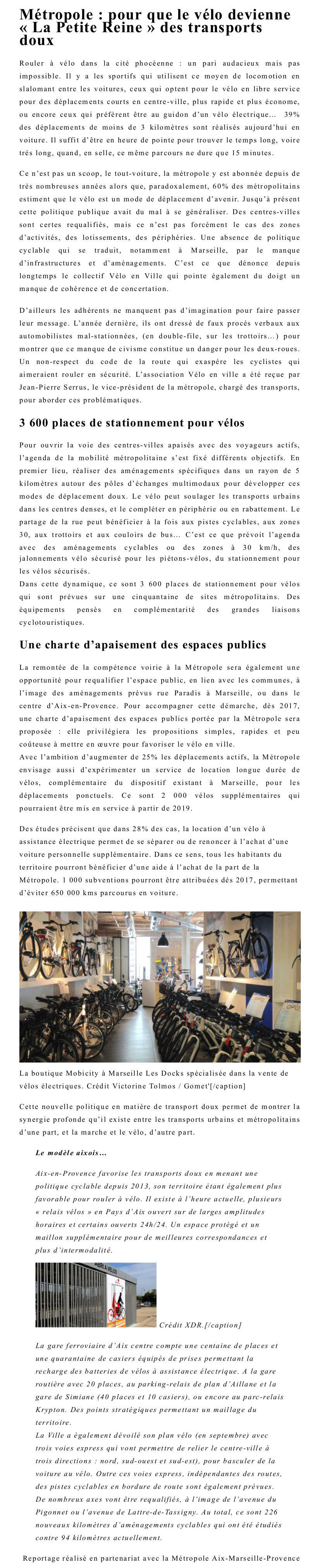 Mtropole  pour que le vlo devienne  La Petite Reine  des transports doux, Métropole Aix-Marseille-Provence, Collectif Vélos en Ville, Aménagements cyclables, Modes actifs, Transport, Urbanisme